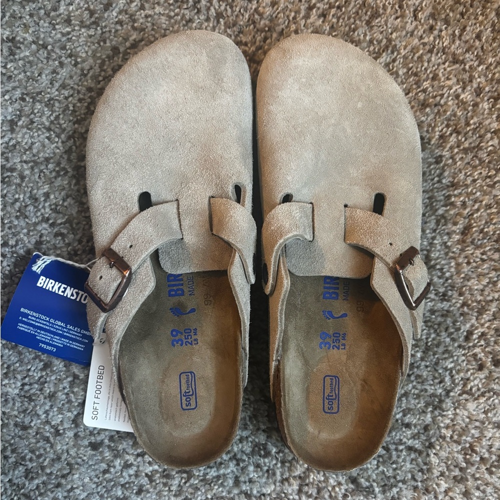 Birkenstock Taupe Suede Soft Footbed Clogs with Buckle